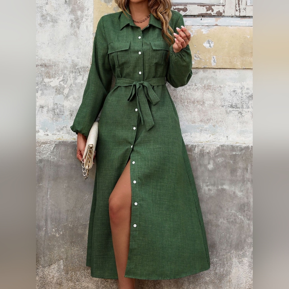 NWT - Boutique- Green Long Sleeve Side Pockets Tied Waist Midi Shirtdress-Size L